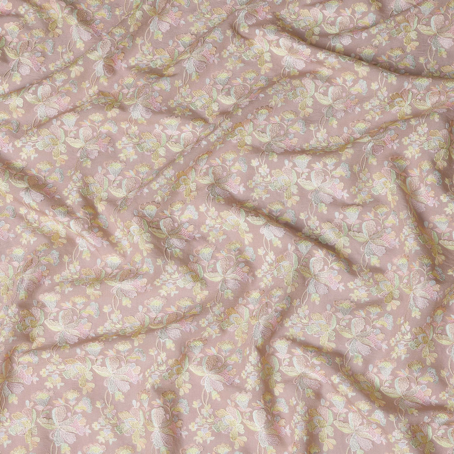 قماش حرير توسار هندي باللون الوردي الشمبانيا مع تطريز باستيل، عرض 110 سم - D20944