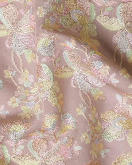 Champagne Pink Indian Tussar Silk Fabric with Pastel Embroidery, 110 cm Width-D20944