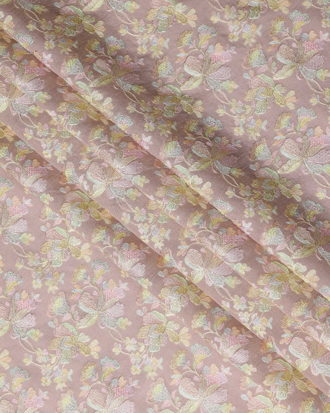 Champagne Pink Indian Tussar Silk Fabric with Pastel Embroidery, 110 cm Width-D20944