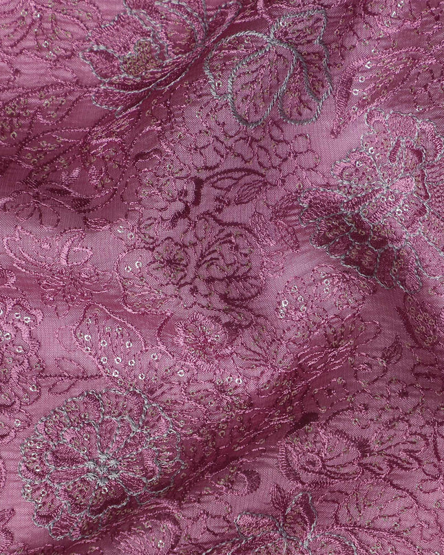 Plum Indian Tussar Silk Fabric with Silver Embroidery, 110 cm Width-D20945