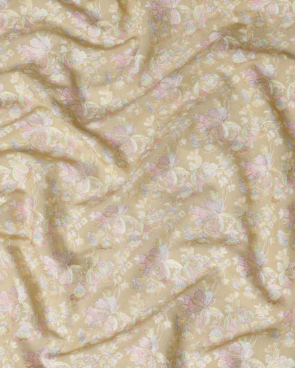 Gold Indian Tussar Silk Fabric with Pastel Floral Embroidery, 110 cm Width-D20946