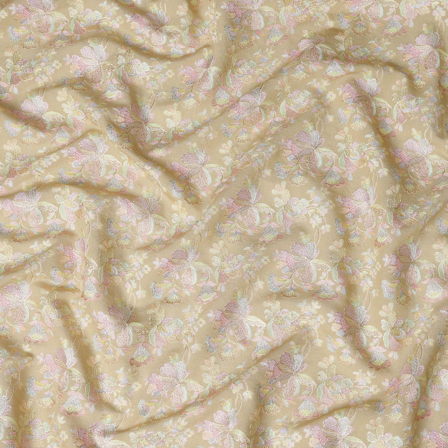 قماش حرير توسار هندي ذهبي مع تطريز زهور الباستيل، عرض 110 سم - D20946