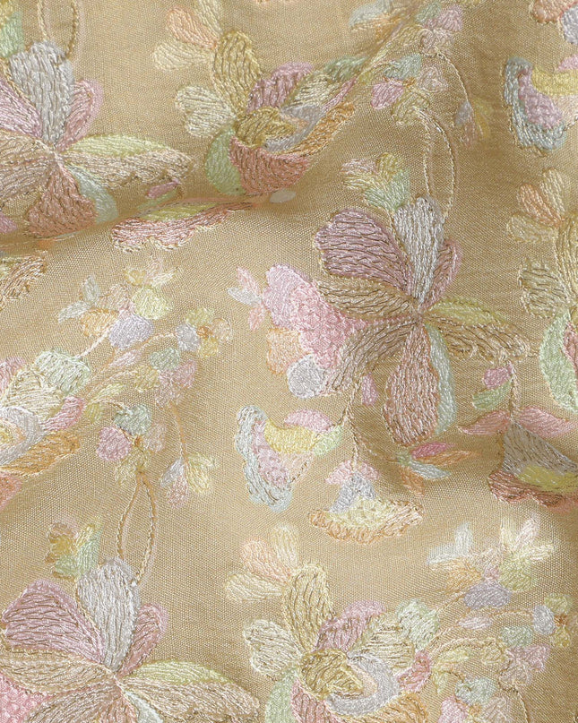 Gold Indian Tussar Silk Fabric with Pastel Floral Embroidery, 110 cm Width-D20946