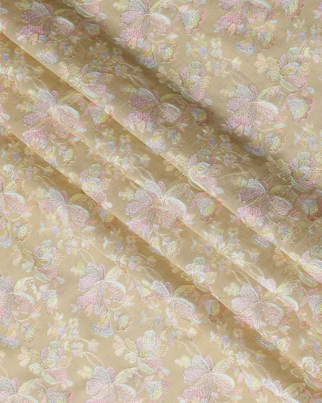 Gold Indian Tussar Silk Fabric with Pastel Floral Embroidery, 110 cm Width-D20946