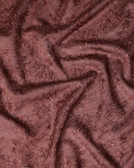 Maroon Tussar Silk Fabric with Floral Embroidery & Silver Accents, 110 cm Width-D20947