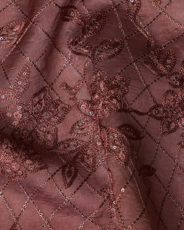 Maroon Tussar Silk Fabric with Floral Embroidery & Silver Accents, 110 cm Width-D20947