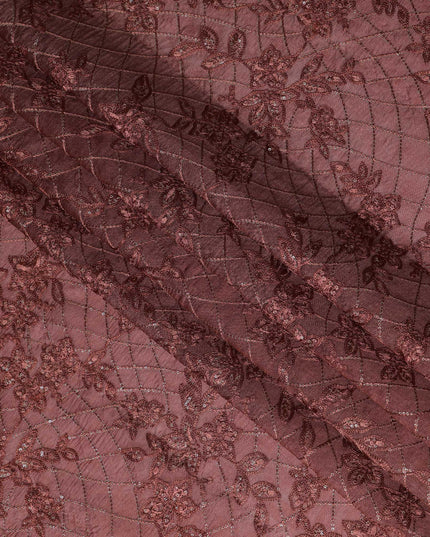 Maroon Tussar Silk Fabric with Floral Embroidery & Silver Accents, 110 cm Width-D20947