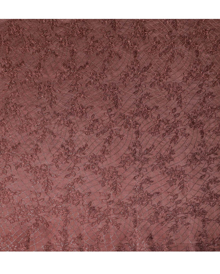 Maroon Tussar Silk Fabric with Floral Embroidery & Silver Accents, 110 cm Width-D20947