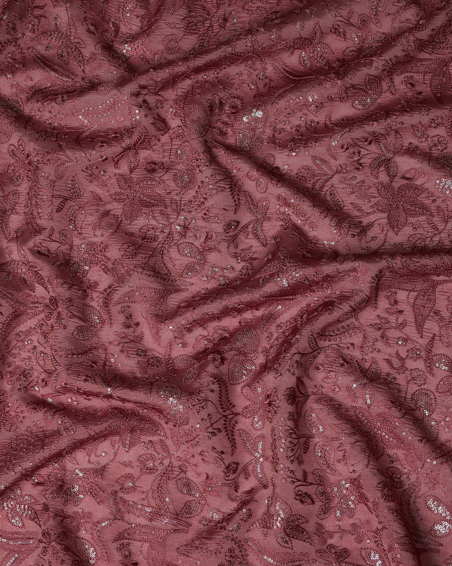 Wine Tussar Silk Fabric with Floral Embroidery & Sequins, 110 cm Width-D20948 Regal Fabrics