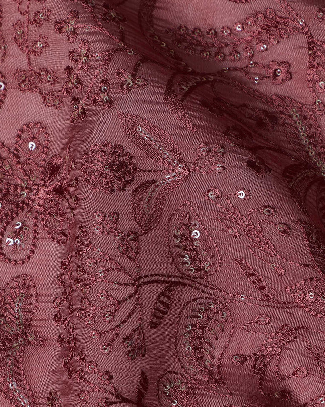 Wine Tussar Silk Fabric with Floral Embroidery & Sequins, 110 cm Width-D20948 Regal Fabrics