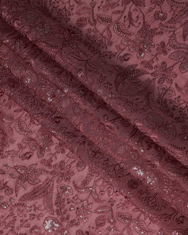 Wine Tussar Silk Fabric with Floral Embroidery & Sequins, 110 cm Width-D20948 Regal Fabrics