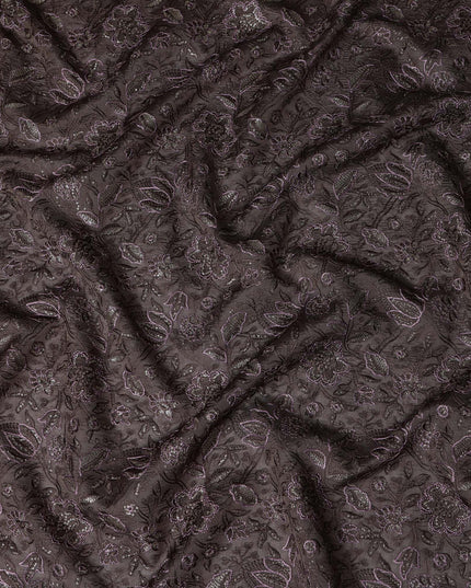 Dark Brown Tussar Silk Fabric with Floral Embroidery, 110 cm Width-D20949