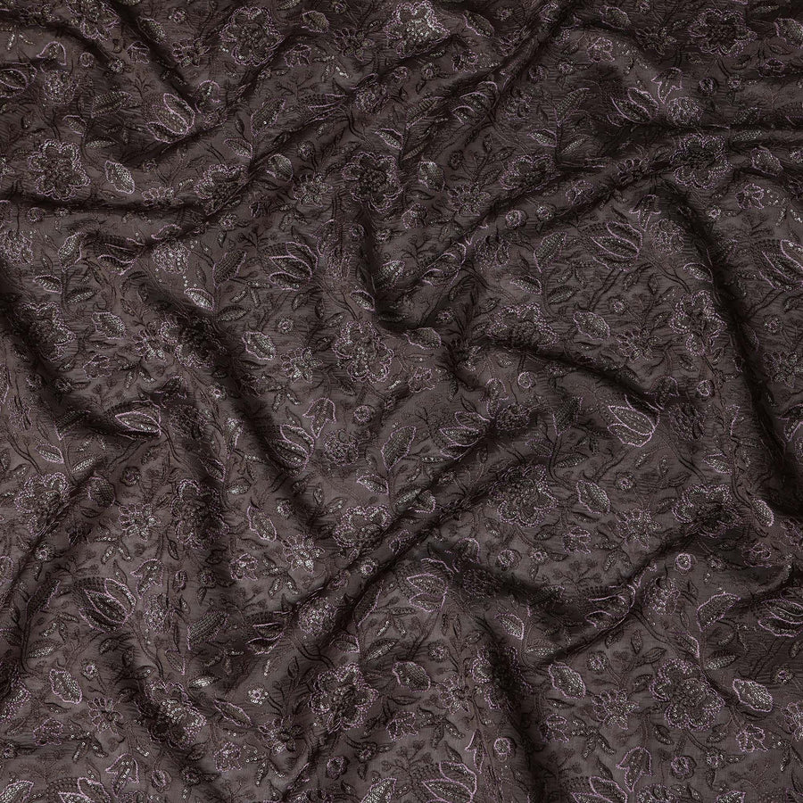 قماش حرير توسار بني غامق مع تطريز زهري، عرض 110 سم - D20949