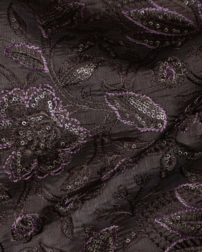 Dark Brown Tussar Silk Fabric with Floral Embroidery, 110 cm Width-D20949