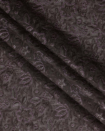 Dark Brown Tussar Silk Fabric with Floral Embroidery, 110 cm Width-D20949