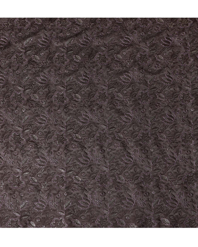 Dark Brown Tussar Silk Fabric with Floral Embroidery, 110 cm Width-D20949