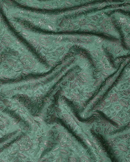 Green Tussar Silk Fabric with Floral Embroidery, 110 cm Width-D20950