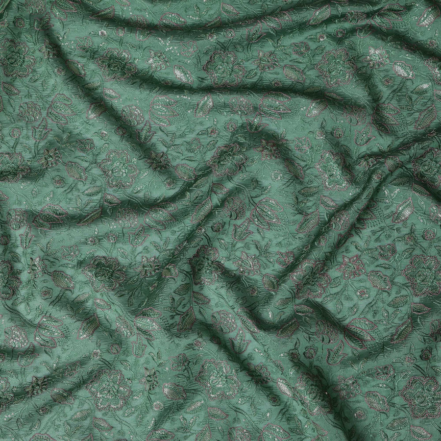 قماش حرير توسار أخضر مع تطريز زهري، عرض 110 سم - D20950