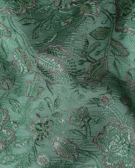 Green Tussar Silk Fabric with Floral Embroidery, 110 cm Width-D20950