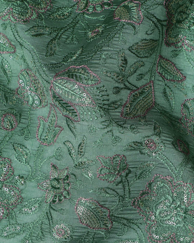 Green Tussar Silk Fabric with Floral Embroidery, 110 cm Width-D20950