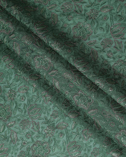 Green Tussar Silk Fabric with Floral Embroidery, 110 cm Width-D20950