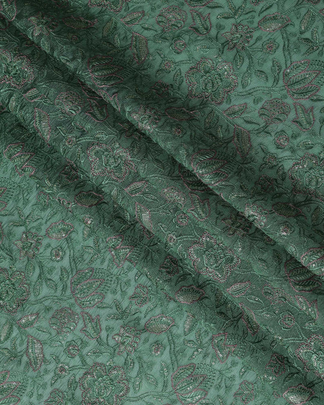 Green Tussar Silk Fabric with Floral Embroidery, 110 cm Width-D20950