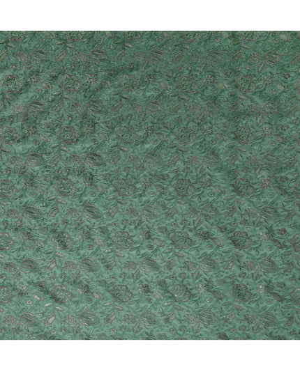 Green Tussar Silk Fabric with Floral Embroidery, 110 cm Width-D20950