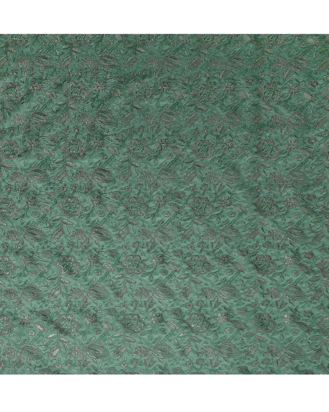 Green Tussar Silk Fabric with Floral Embroidery, 110 cm Width-D20950