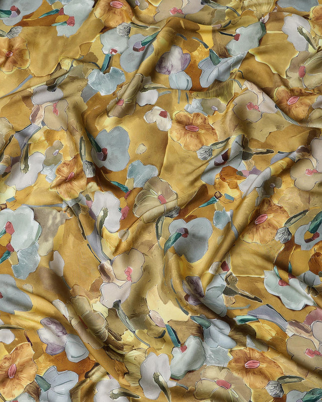 Golden Yellow Synthetic Modal Satin Fabric with Large Floral Print, 110 cm Width-D20952