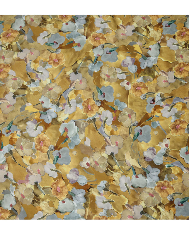 Golden Yellow Synthetic Modal Satin Fabric with Large Floral Print, 110 cm Width-D20952