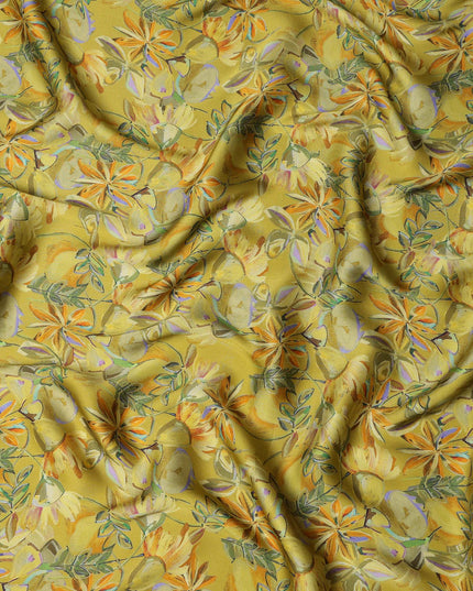 Olive Green Synthetic Modal Satin Fabric with Tropical Floral Print, 110 cm Width-D20953