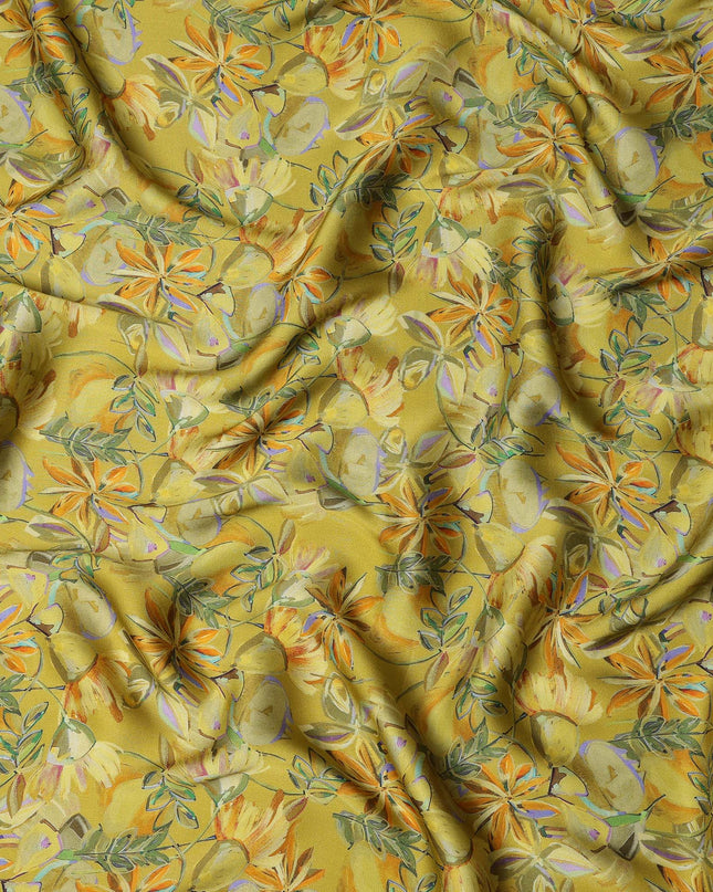 Olive Green Synthetic Modal Satin Fabric with Tropical Floral Print, 110 cm Width-D20953