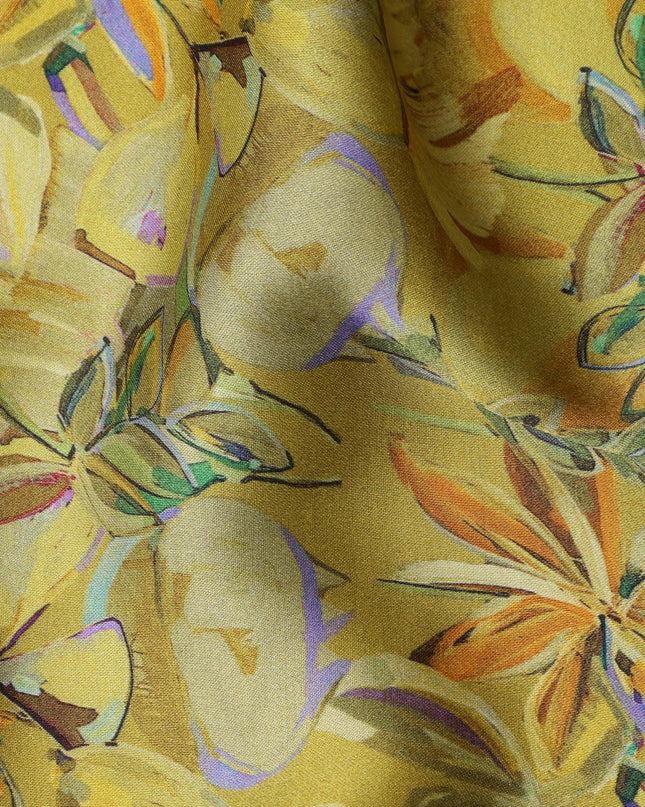 Olive Green Synthetic Modal Satin Fabric with Tropical Floral Print, 110 cm Width-D20953