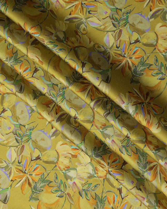 Olive Green Synthetic Modal Satin Fabric with Tropical Floral Print, 110 cm Width-D20953