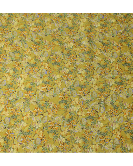 Olive Green Synthetic Modal Satin Fabric with Tropical Floral Print, 110 cm Width-D20953