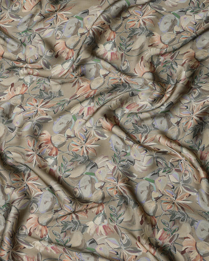 Taupe Synthetic Modal Satin Fabric with Floral Print, 110 cm Width-D20954