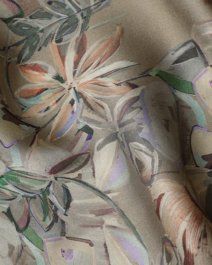 Taupe Synthetic Modal Satin Fabric with Floral Print, 110 cm Width-D20954