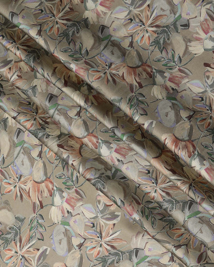 Taupe Synthetic Modal Satin Fabric with Floral Print, 110 cm Width-D20954