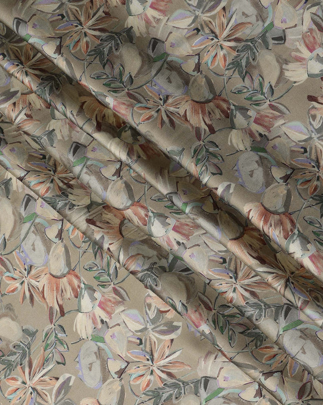 Taupe Synthetic Modal Satin Fabric with Floral Print, 110 cm Width-D20954