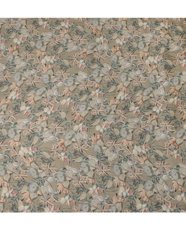 Taupe Synthetic Modal Satin Fabric with Floral Print, 110 cm Width-D20954