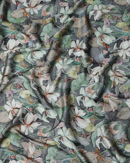 Gray Synthetic Modal Satin Fabric with Large White Floral Print, 110 cm Width-D20955