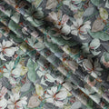 Gray Synthetic Modal Satin Fabric with Large White Floral Print, 110 cm Width-D20955