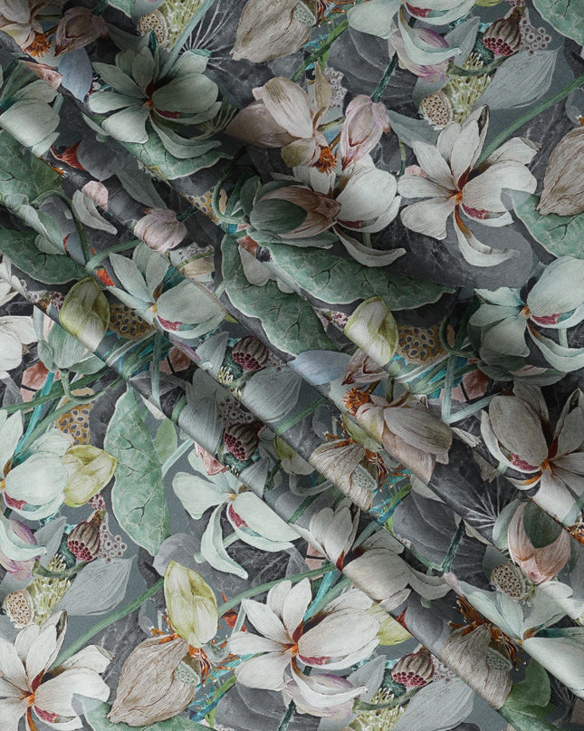 Gray Synthetic Modal Satin Fabric with Large White Floral Print, 110 cm Width-D20955