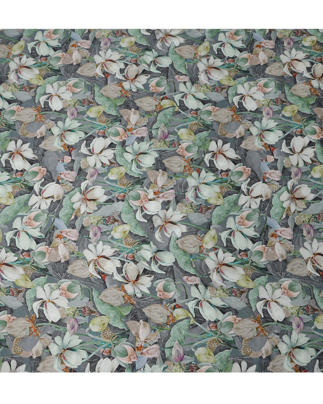 Gray Synthetic Modal Satin Fabric with Large White Floral Print, 110 cm Width-D20955