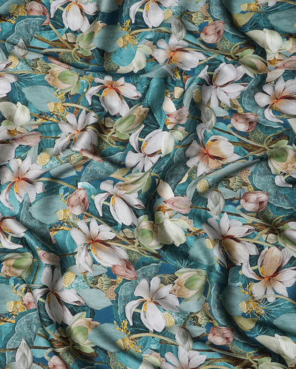 Teal Synthetic Modal Satin Fabric with Large White Floral Print, 110 cm Width-D20956