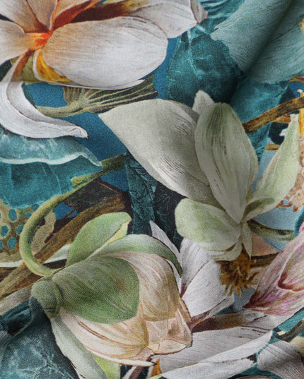 Teal Synthetic Modal Satin Fabric with Large White Floral Print, 110 cm Width-D20956