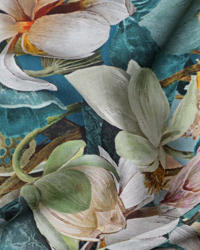 Teal Synthetic Modal Satin Fabric with Large White Floral Print, 110 cm Width-D20956