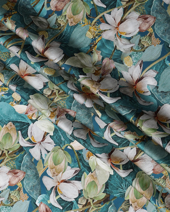 Teal Synthetic Modal Satin Fabric with Large White Floral Print, 110 cm Width-D20956