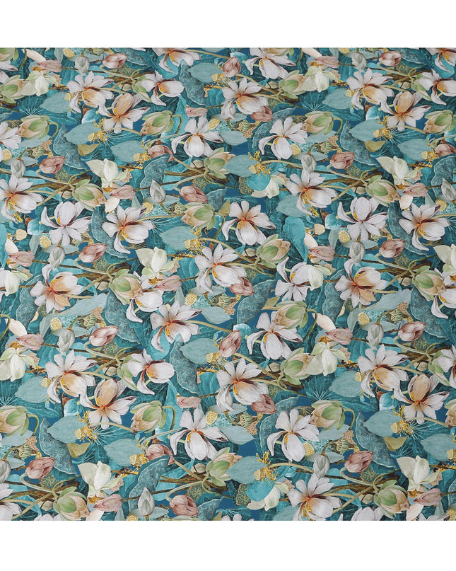 Teal Synthetic Modal Satin Fabric with Large White Floral Print, 110 cm Width-D20956