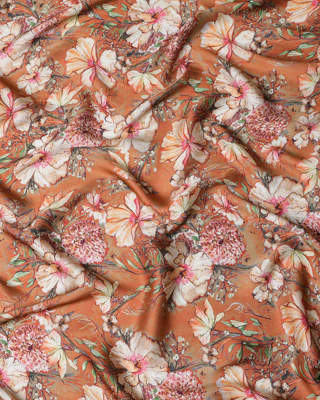 Rusty Orange Synthetic Modal Satin Fabric with White Floral Print, 110 cm Width-D20957